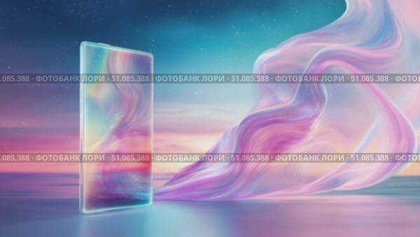 A futuristic smartphone with a translucent design stands against a colorful abstract background of swirling pastel hues. The scene conveys innovation and technology. Стоковое AI-видео, аниматор Nart / Фотобанк Лори