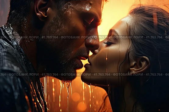 A girl and a guy kiss and hug in a heavy rain. Cinematic light. Стоковое AI-изображение, AI-художник Ярославский Максим / Фотобанк Лори