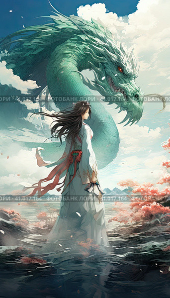A girl in a national dress stands on the edge of the water opposite a large Chinese dragon. Created by AI. Стоковое AI-изображение, AI-художник Ярославский Максим / Фотобанк Лори