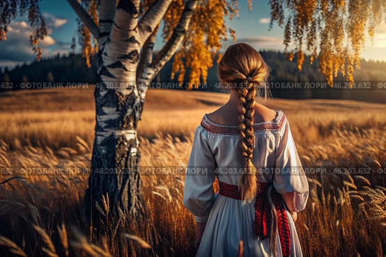 A girl in a traditional Russian linen sundress and with a braid on her head in a field of ripe golden wheat against a background of birch trees and an Orthodox church. Harvesting. Стоковое AI-изображение, AI-художник Photojuli / Фотобанк Лори
