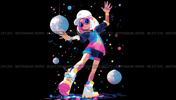 A girl is dancing with a disco ball in her hand. Стоковое AI-изображение, AI-художник Ярославский Максим / Фотобанк Лори