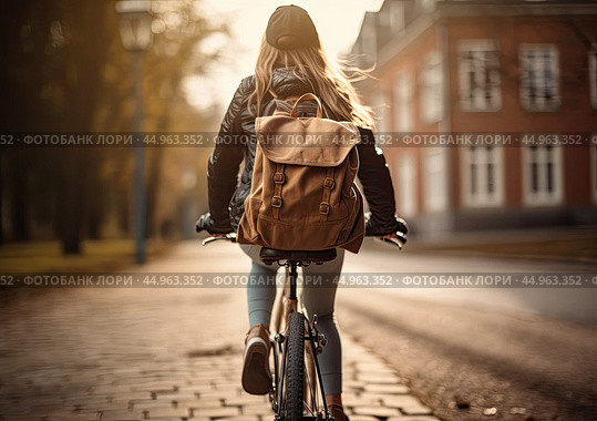 A girl on a bicycle rides in the early morning along the street of the old town. The concept of a healthy lifestyle. Rear view. Стоковое AI-изображение, AI-художник Ярославский Максим / Фотобанк Лори
