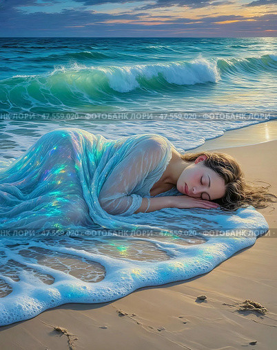 A girl sleeping on the seashore is covered by the surf like a blanket. Стоковое AI-изображение, AI-художник Сергей Елизарьев / Фотобанк Лори