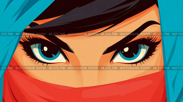 A girl veiled in mystery: Abstract digital portrait of a captivating face with piercing blue eyes, showcasing intrigue and vibrant hues. Стоковое AI-изображение, AI-художник Данила Большаков / Фотобанк Лори