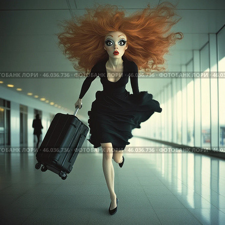 A girl with bright red loose hair running through a modern airport or gallery. Her hair flutters as she moves, adding dynamism and drama to the scene. The girl is wearing an elegant black dress and holds a small suitcase on wheels in her hand. She has expressive large eyes and unusual facial proportions, which makes the image stylized and comical. The light background with large windows emphasizes her energetic movement. The scene conveys a sense of haste, perhaps to catch a flight. Стоковое AI-изображение, AI-художник Анна Кривицкая / Фотобанк Лори