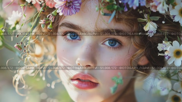 A girl with captivating blue eyes wears a beautiful floral crown, capturing the essence of spring in a vibrant garden filled with blossoms. Стоковое AI-видео, аниматор Данила Большаков / Фотобанк Лори