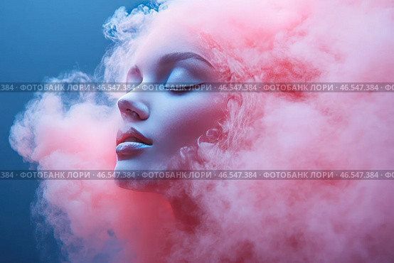 A girl with her eyes closed, her face shrouded in a thick pink cloud of smoke or fog. Her skin has a cool bluish tint, which creates a contrast with the warm pink shades of the cloud surrounding her. Her expression is calm and peaceful, as if she is in a state of meditation or sleep. The light is soft and diffused, emphasizing the tenderness and mystery of the image. The composition looks futuristic and surreal, creating a feeling of immersion in dreams or another world. Стоковое AI-изображение, AI-художник Анна Кривицкая / Фотобанк Лори