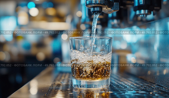 A glass of beer is being poured into a glass. Стоковое AI-изображение, AI-художник Ярославский Максим / Фотобанк Лори