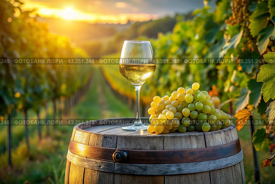 A glass of white wine and a bunch of ripe grapes on a wooden oak barrel against the background of a vineyard. Стоковое AI-изображение, AI-художник Photojuli / Фотобанк Лори
