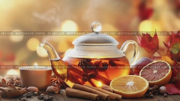 A glass teapot filled with steaming herbal tea sits on a wooden table. Slices of orange, cinnamon sticks, and autumn leaves surround the teapot, creating a warm atmosphere. Стоковое AI-видео, аниматор Nart / Фотобанк Лори