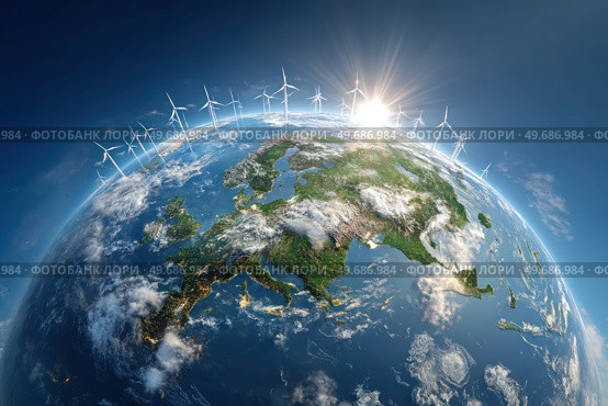 A globe with a large number of wind turbines on it. Стоковое AI-изображение, AI-художник Ярославский Максим / Фотобанк Лори