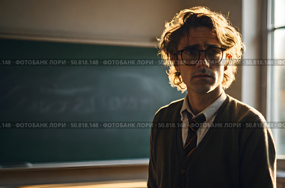 A gloomy teacher in front of the blackboard during class. Стоковое AI-изображение, AI-художник Ирина Старикова / Фотобанк Лори