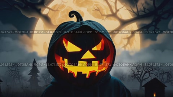 A glowing jack-o'-lantern casts an eerie light against a full moon backdrop, enhancing the Halloween atmosphere. Стоковое AI-видео, аниматор Данила Большаков / Фотобанк Лори