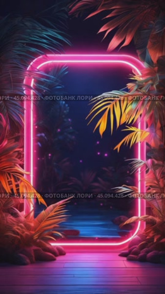 A glowing neon frame around beautiful big palm leaves, sun rays, floating luminous particles, an empty place to copy, a composition for a banner. Стоковое AI-видео, аниматор Терехова Марина / Фотобанк Лори