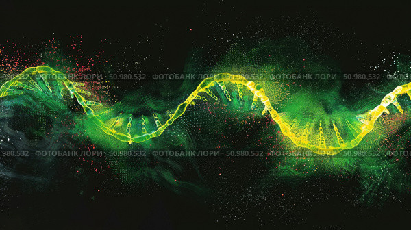 A glowing representation of a DNA molecule highlights the iconic double helix structure against a dark backdrop, symbolizing advanced genetic studies. Стоковое AI-изображение, AI-художник Данила Большаков / Фотобанк Лори