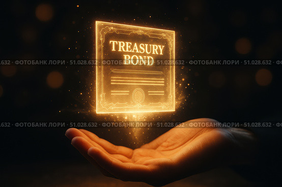 A Glowing Representation of a Treasury Bond, Symbolizing Financial Investment and Security in a Digitally Enhanced Environment. Стоковое AI-изображение, AI-художник Башкирова Анна / Фотобанк Лори
