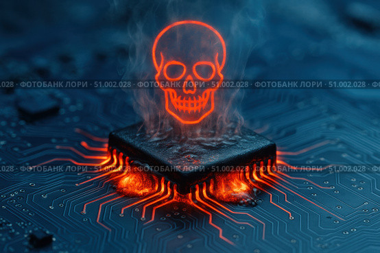 A Glowing Skull Symbolizing the Dangers of Technology Overload on a Circuit Board with Flames and Smoke Emanating from a Computer Chip. Стоковое AI-изображение, AI-художник Башкирова Анна / Фотобанк Лори
