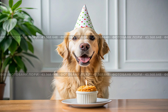 A golden fat retriever celebrates his birthday. The dog is sitting with a cake, balloons and flags at a pet's birthday party. Стоковое AI-изображение, AI-художник Photojuli / Фотобанк Лори