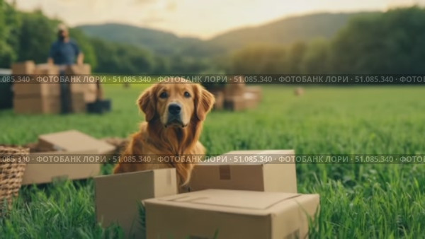 A golden retriever sits beside cardboard boxes in a green field. A person is visible in the background, with mountains and a sunset in the distance. Стоковое AI-видео, аниматор Nart / Фотобанк Лори