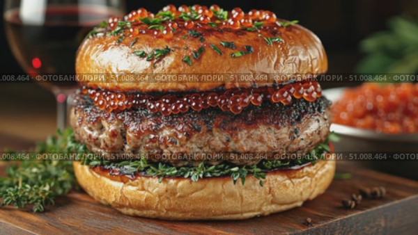 A gourmet burger features juicy beef patty, fresh herbs, and caviar, served elegantly in a fine dining atmosphere, showcasing culinary artistry. Стоковое AI-видео, аниматор Данила Большаков / Фотобанк Лори