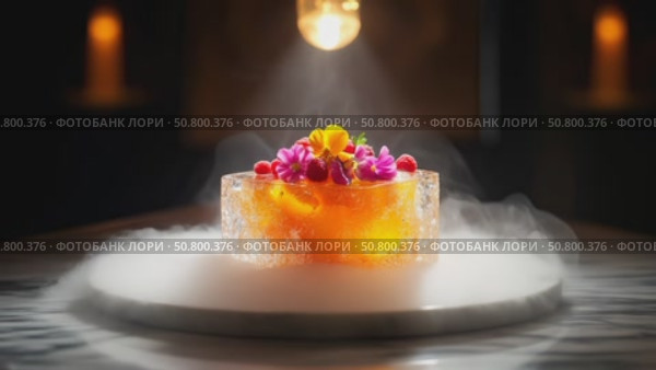 A gourmet dessert elegantly presented with floral garnish and a captivating smoke effect. Стоковое AI-видео, аниматор Лариса Пономарева / Фотобанк Лори