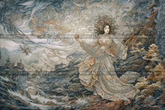 A graceful woman in a luxurious, detailed dress that seems to be woven from magical patterns. Her hair flutters like flowing threads of magic, and a mysterious vortex of clouds and energies hovers around her. The background is a mystical, fantastic landscape: ancient castles lost among rocky mountains and raging waters. Mysterious creatures soar in the sky, and nature intertwines with fantasy-style architecture. The atmosphere of the image is filled with magic, ancient secrets and the grandeur of nature. Стоковое AI-изображение, AI-художник Анна Кривицкая / Фотобанк Лори