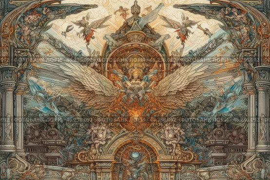A grand, detailed fantasy composition reminiscent of Baroque or Gothic architecture with elements of mythology. In the center of the composition is a majestic figure surrounded by radiance and winged creatures. Angels, demons, ornaments and statues create a sense of a supernatural world filled with symbolism. Wings directed to the sides emphasize the dynamics of the scene, and the abundance of decorative elements makes the image complex and fascinating. Columns, arches and a mystical atmosphere resemble scenes from apocalyptic or mythological works. Стоковое AI-изображение, AI-художник Анна Кривицкая / Фотобанк Лори