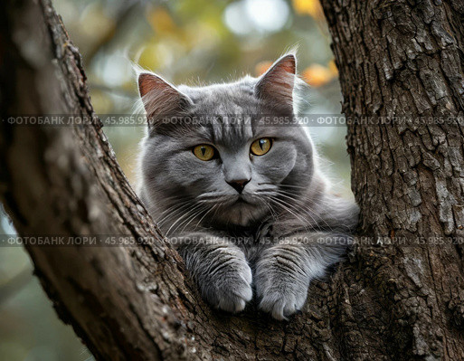 A grey cat lurks in a tree. Стоковое AI-изображение, AI-художник Сергей Елизарьев / Фотобанк Лори