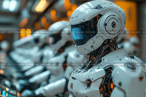 A group of advanced humanoid robots with a futuristic design. They are lined up in a row, with the front robot in focus. Their bodies are made in a white metallic style with mechanical elements and visible wires. The visors of the robots are digital screens displaying data, giving them an intelligent and high-tech look.The background is blurred, but it creates the feeling of a production or research center where these robots are being tested or activated. The lighting is warm, with a contrast between the cold metal surfaces and the orange light elements in the interior.The image conveys an atmosphere of advanced technology, artificial intelligence and a possible future in which machines play a significant role in society. Стоковое AI-изображение, AI-художник Анна Кривицкая / Фотобанк Лори