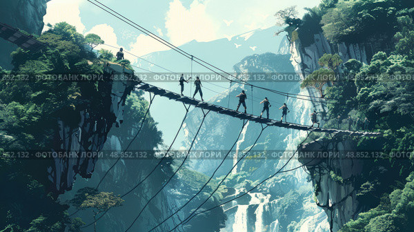 A group of adventurers traverse a narrow rope bridge high above a lush mountain valley, with waterfalls cascading down the steep cliffs. Стоковое AI-изображение, AI-художник Данила Большаков / Фотобанк Лори