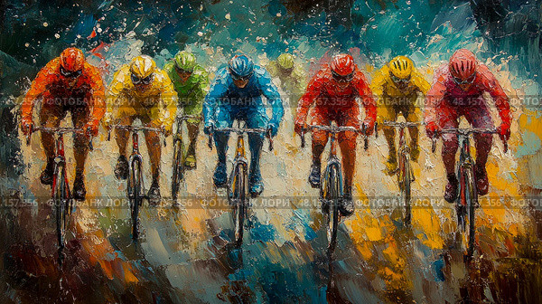 A group of cyclists in bright jerseys competes intensely on a colorful road, showcasing determination during a thrilling race. Стоковое AI-изображение, AI-художник Данила Большаков / Фотобанк Лори