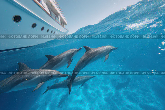 A group of dolphins swimming in the ocean next to a boat. Стоковое AI-изображение, AI-художник Ярославский Максим / Фотобанк Лори