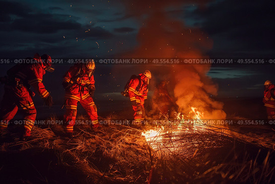 A group of firefighters in full gear standing around a fire, assessing the situation and preparing to extinguish the flames. Стоковое AI-изображение, AI-художник Данила Большаков / Фотобанк Лори