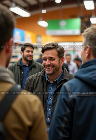 A group of friends shares a lighthearted moment in a bustling hypermarket, smiles and laughter filling the air while they enjoy their shopping experience Generative AI. Стоковое AI-изображение, AI-художник Юлия Петровская / Фотобанк Лори