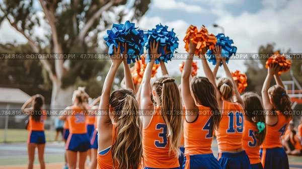 A group of girls dressed in orange and blue cheerleading uniforms, energetically performing cheers and synchronized routines at a sporting event. Стоковое AI-изображение, AI-художник Данила Большаков / Фотобанк Лори