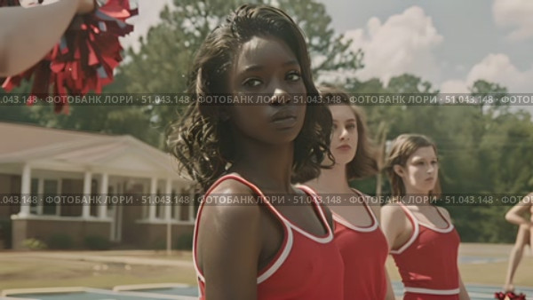 A group of high school cheerleaders in red uniforms perform a synchronized routine in a suburban area on a bright day. Стоковое AI-видео, аниматор Данила Большаков / Фотобанк Лори