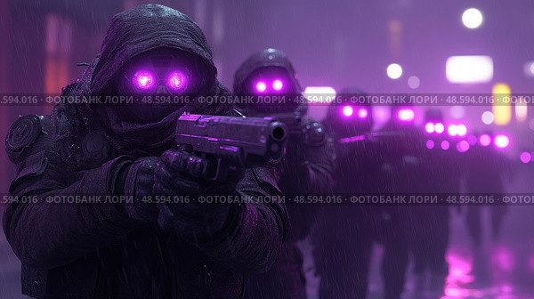 A group of hooded figures with glowing purple eyes is marching through a rainy urban environment, pointing firearms as they proceed. Стоковое AI-изображение, AI-художник Данила Большаков / Фотобанк Лори