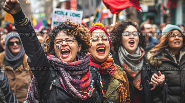 A group of individuals standing in the street with their hands raised in a gesture of surrender or protest. Стоковое AI-изображение, AI-художник Данила Большаков / Фотобанк Лори
