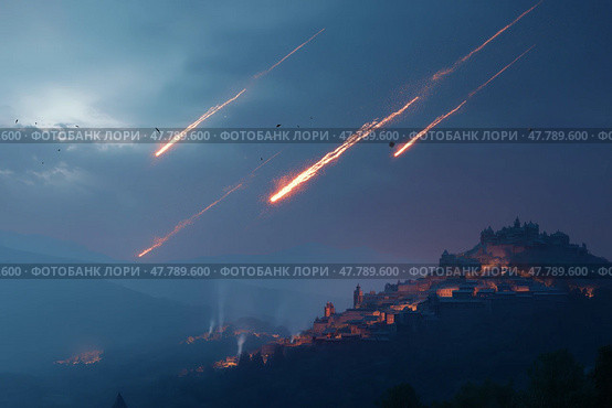 A group of missiles flying high in the sky. Группа ракет, летящих высоко в небе. Стоковое AI-изображение, AI-художник Katsiaryna Repich / Фотобанк Лори