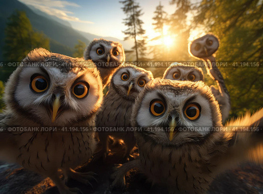 A group of owls. Стоковое AI-изображение, AI-художник Кирилл Черезов / Фотобанк Лори