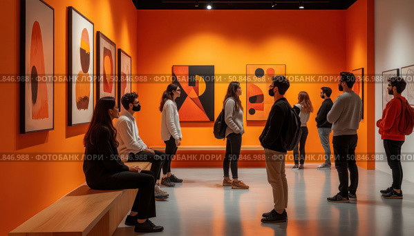 A group of people are standing in front of a wall of paintings. Стоковое AI-изображение, AI-художник Ярославский Максим / Фотобанк Лори