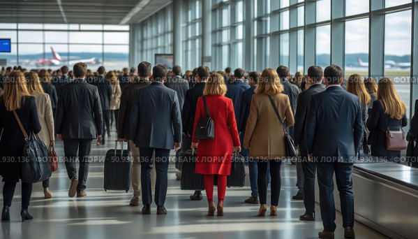A group of people are walking through an airport terminal. Стоковое AI-изображение, AI-художник Ярославский Максим / Фотобанк Лори