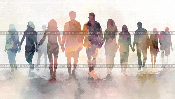 A group of people are walking together, holding hands. Стоковое AI-изображение, AI-художник Ярославский Максим / Фотобанк Лори
