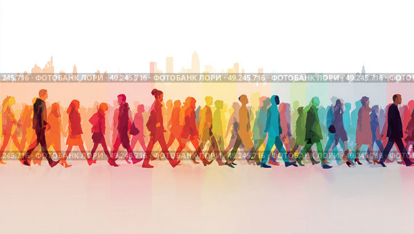 A group of people walking down a street. Стоковое AI-изображение, AI-художник Ярославский Максим / Фотобанк Лори