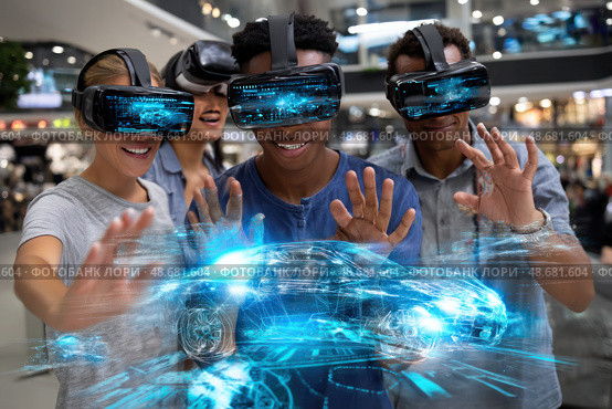 A group of people wearing virtual reality goggles are playing a game together. Стоковое AI-изображение, AI-художник Ярославский Максим / Фотобанк Лори