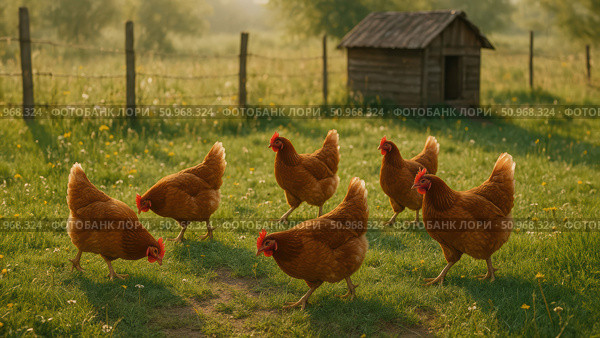 A group of seven brown hens foraging in a green field near a small wooden coop. The scene is set in a rural area with soft morning light. Стоковое AI-изображение, AI-художник Nart / Фотобанк Лори