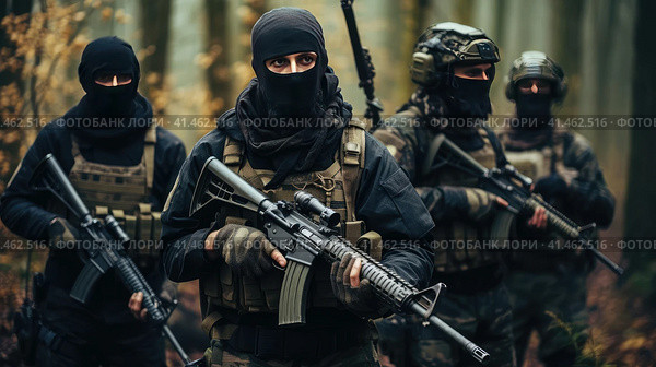 A group of terrorists with weapons. Стоковое AI-изображение, AI-художник Кирилл Черезов / Фотобанк Лори