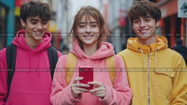 A group of three happy teenagers strolls through colorful city streets, taking photos and enjoying their time together during the late afternoon. Стоковое AI-видео, аниматор Данила Большаков / Фотобанк Лори