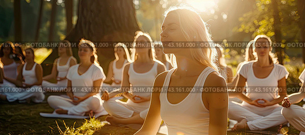 A group of women meditate in a forest clearing in the morning sun. Стоковое AI-изображение, AI-художник Ярославский Максим / Фотобанк Лори