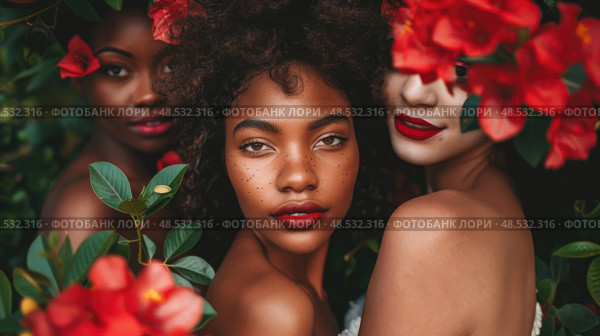 A group of women standing next to each other, looking towards the camera in a unified pose. Стоковое AI-изображение, AI-художник Данила Большаков / Фотобанк Лори